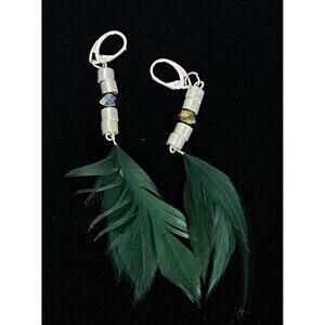 Feather Earrings Pierced Drop‎ Iridescent Beads Dangle Sterling Silver Leverback